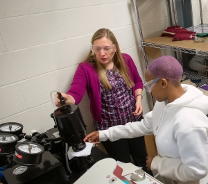 Teacher and student working in the Fashion Lab